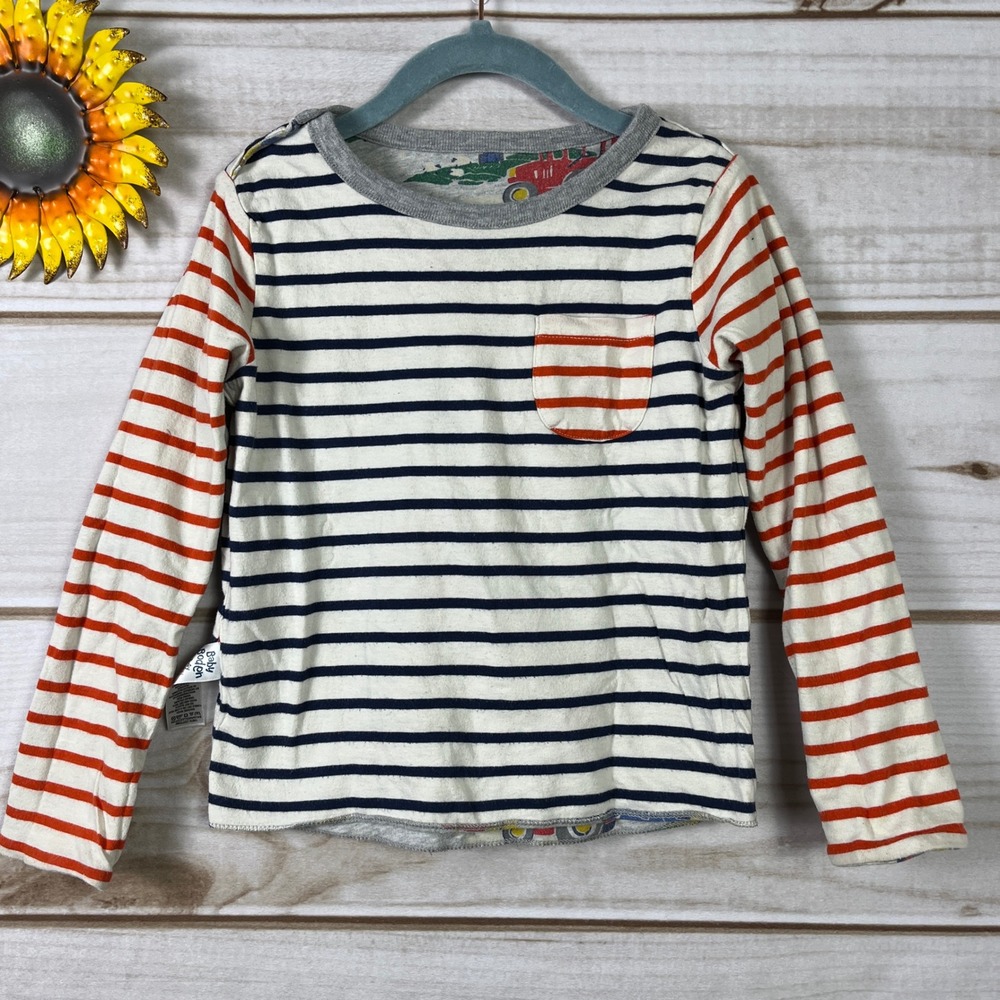Baby Boden Tractor Print Long Sleeve Shirt Boys Reversible 3T Cotton Striped - Picture 5 of 6